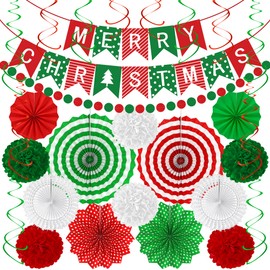 28PCS Christmas Decorations, Christmas Banner Paper Fans Set, Red White Green Pompom Garland Paper Fans Hanging Swirls for Xmas Party Decorations Accessories Indoor Supplies Decor Ugly Sweater Set