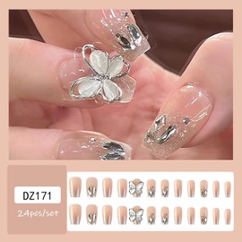 Acrylic Coffin Fake Nails Medium Length Press on Nails 3D Butterfly Charms and Rhinestones Design Glue on Nails Glossy Ballet Medium Coffin Stick on Nails Summer Artificial Nails for Women 24Pcs