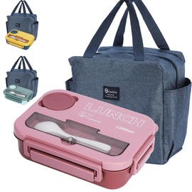 SUPPRUI Bento Lunch Box,1300ml Lunch Box Adults Kids,Bento Boxes with Bag,4 Compartments Leak Proof Lunchbox,Container Meal Prep Containe with Cutlery (Pink)