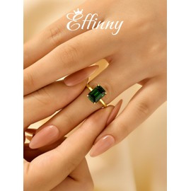 Effinny 3.5ct Elongated Emerald Cut Engagement Ring for Women,14K Yellow Gold Plated 925 Sterling Silver Simulated Dark Emerald Green Gemstone Solitaire Promise Ring for Wedding,Travel,Daily (Emerald Green, 6.5)