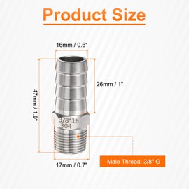 sourcing map 2pcs Stainless Steel Hose Barb Fitting 0.6" (16mm) Barbed x g 3/8" Male Pipe Fitting Air Hose Barb Fittings Coupler Thread Connector Adapter for Water Fuel