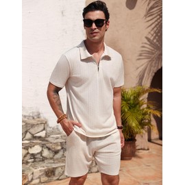 SPKPKEY Mens Track Suits 2 Piece Sets Short Sleeve Outfits 1/4 Zip Golf Polo Shirts Summer Shorts Loungewear Beige Small
