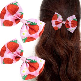 YALOJE 2 PCS Strawberry Bow Hair Clips, Cute Pink Fruit Print Hair Snap Barrettes, Summer Strawberry Ribbon Bow Hair Accessories for Women for Parties, Daily Use