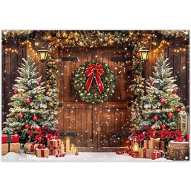 Luminora 7x5ft Winter Christmas Rustic Barn Wood Door Backdrop Snowflake Christmas Tree Wreath Background Festival Birthday Baby Shower Decor Party Photo Banner