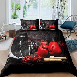 Homewish Boxing Bed Linen Set 135 x 200 cm for Boys Teens Man Fitness Sports Theme Comforter Cover Boxing Gloves Dumbbell Duvet Cover Decorative 2-Piece Duvet Cover with 1 Pillowcase Dark Grey