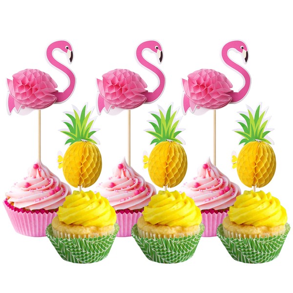 48 piezas de decoración de flamenco 3D para cupcakes, cóctel, tropical, Aloha Luau, palillos para cupcakes, piña, verano, playa, cupcakes, decoración para baby shower, cumpleaños, boda, fiesta, suministros rosa y amarillo