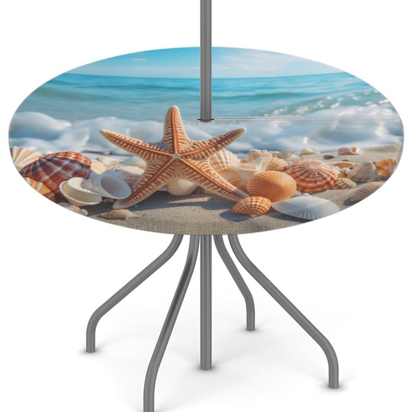 YGPARK Outdoor Tablecloth with Umbrella Hole, Shell Starfish Round Fitted