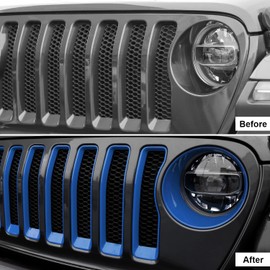 CheroCar for JL Mesh Grille Grill Insert & Headlight Turn Light Cover Trim Exterior Accessories for Jeep Wrangler JL 2018-2023, Blue