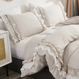 Getiya Romantic Ruffle Bed Linen 135 x 200 cm, Women’s, Girls’ Bed Linen, Beige Soft Microfibre Bed Linen with Double Layer Ruffles, Aesthetic Ruffle Duvet Cover Two Piece with 1 Pillowcase 80 x 80 cm