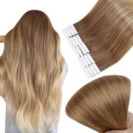 Full Shine Tape in Hair Extensions 14 Inch Real Human Hair Balayage Tape Extensions Color 10 Light Brown Fading to Color 14 Golden Blonde Human Hair Extensions 20Pcs 50 Grams Easy install