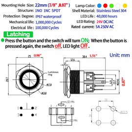 ZJWZJH Push Button Switch 22mm Latching 24V SPDT On Off Waterproof IP67 Stainless Steel with Wire UL Certified 7/8" Mounting Hole 2Pcs (Red, Latching,24V)