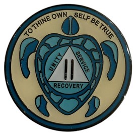 2 Year AA, Recovery Sea Turtle Medallion, Sobriety Token, Blue and Gold