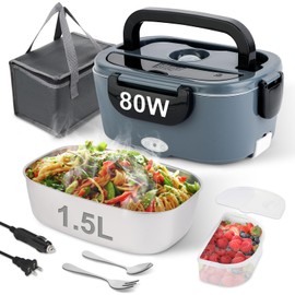 NestDin 80W Electric Lunch Box for Adults, 1.5L Stainless Steel Food Warmer Lunchbox, 12V/24V/110V Portable Heated Lunch Box for Car/Truck/Office, Leak-Proof, Dishwasher-Safe with Insulated Bag(Blue)