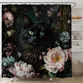 UEAUUN Black Cat Shower Curtain Boho Floral Retro Flower Garden Vintage Gothic Funny Animal Cute Pet Wildflower Fabric Bathroom Decor Set with Hooks(70" WX70 H)