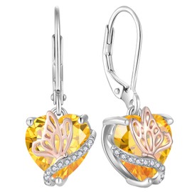 YL Heart Earrings 925 Sterling Silver Butterfly with 12 Birthstone Cubic Zirconia Earrings Jewellery Gifts for Women Mother Girlfriend Her, Silver, Cubic Zirconia