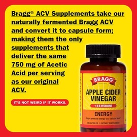 Bragg Bragg Energy Apple Cider Vinegar Capsules with B Vitamins - (2 Pack) 90 Capsules - Helps Generate Energy at Cellular Level