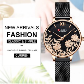 CURREN 9065 Elegant Exquisite Casual Business Quartz Women Watch Sakura Flower Embossed Ultra Thin Slim Simple Wrist Watch 3ATM Waterproof Wristwatch for Ladies with Imitation Leather Strap Band