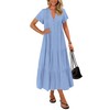 KIRUNDO Summer Maxi Dresses for Women 2025 Spring Fashion Short Sleeve Button V Neck Pleated Loose Tiered Swing Flowy Dress(Light Blue, Large)