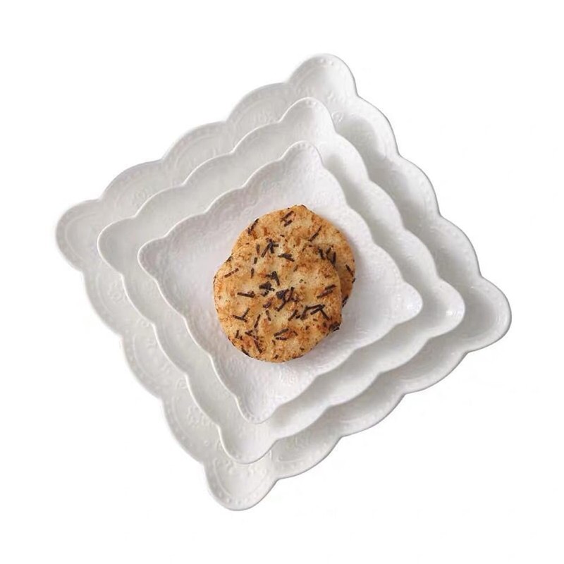 YBK Tech Elegant Square Embossed Lace Plate, Ceramic Serving Plate
