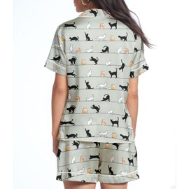 CENCORY Silk Pajama for Women set 2 piece short Sleepwear Loungewear set S-XXL for Mom, Sister, Girlfriend Black cat L