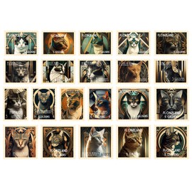 Post Stamps Stickers Set ~ Art Deco Cat Stamp Collection Featuring Stylish and Geometric Feline Portraits with Sophisticated Designs ~ FLONZ Vintage Decals for Craft