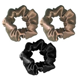 100% Mulberry Silk Scrunchies - 16 Momme Satin Hair Ties for Women with Curly, Thick or Thin Hair, Black (3 Apricot & Black)