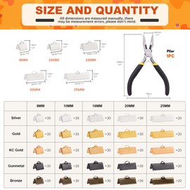 Tanstic 701Pcs Ribbon Ends with Pliers Set 5 Size 5 Color Ribbon Clamps Bookmark Pinch Crimp Cord Ends Fasteners Clasp Leather Crimp Ends Leather Ribbon Crimp Ends for Jewelry Making