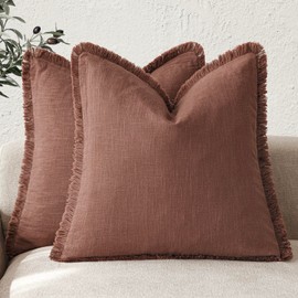 Foindtower Set of 2 Decorative Linen Fringe Throw Pillow Covers Boho Farmhouse Cushion Cover with Tassels Accent Pillowcase for Couch Chair Sofa Bed Living Room Home Decor,22×22 Inch,Rust Red