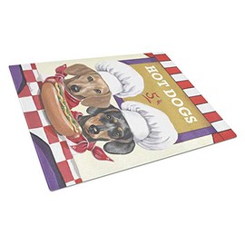 Caroline's Treasures PPP3083LCB Dachshund Hot Dog Stand Glass Cutting Board Large Decorative Tempered Glass Kitchen Cutting and Serving Board Large Size Chopping Board