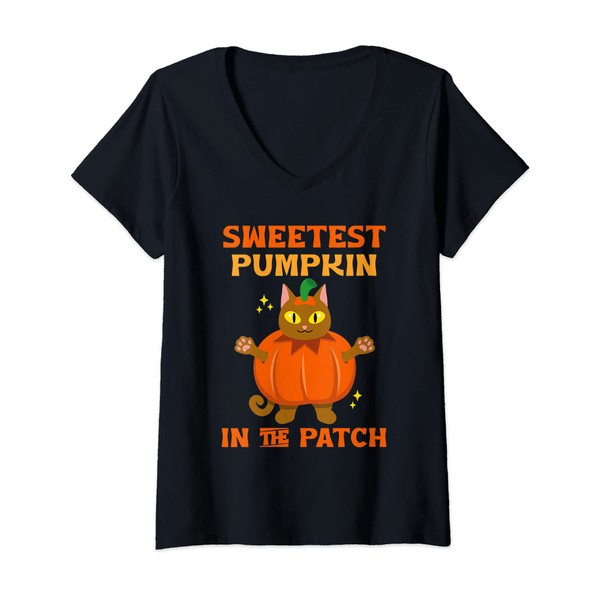 Womens Sweetest Pumpkin In The Patch Funny Cat Halloween V-Neck