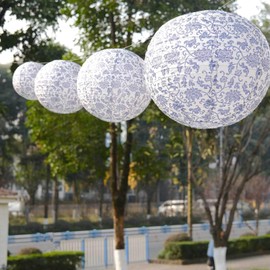 Tableclothsfactory Set of 8 White Blue Chinoiserie Floral Print Hanging Paper Lanterns, Chinese Festival Lanterns - 6",8",10",14" for Party & Decorations