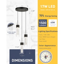 kudos Black Pendant Light Fixtures, 3-Lights, Modern LED Pendant Lights with Clear Glass and Bubble Crystal, Adjustable Pendant Lights for Kitchen Island, KDPL09-BK-3L