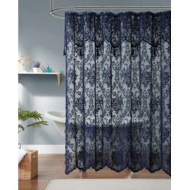 Warm Home Designs Navy Blue Lace Shower Curtain 72 x 72 with Attached Valance & 7 Tassels. Luxury Farmhouse Shower Curtains for The Bathroom or Boho Shower Curtains for Bathroom. LA Navy 72"
