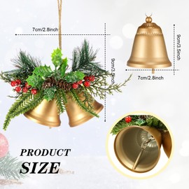Tioncy Christmas Bell Hanging Ornaments 8.7" Large Rustic Christmas Metal Bell Decoration Xmas Hanging Decorative Bell with Christmas Red Berry for Christmas Wreath Tree Door Decor(Vintage Gold,4 Pcs)