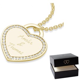 AMOONIC FF593 VGGGZIFA Heart Necklace Engraved Gold (925 Silver High Quality Gold-Plated) + Free Luxury Case + Chain Pendant with Engraving Plate Customisable Pendant, Silver, Cubic Zirconia