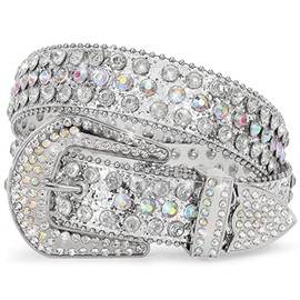 XZQTIVE Men Women Rhinestones belt Western Cowgirl Cowboy Vintage Bling Crystal Diamond Studded Leather Belt for Jeans Pants Dress(0-Silver (Silver Buckle), Fit waist 43-47 inch)