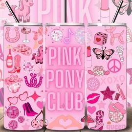 LK22Designs, Pink Pony Club Inspired Tumbler, 600ml Stainless Steel, with Lid and Straw