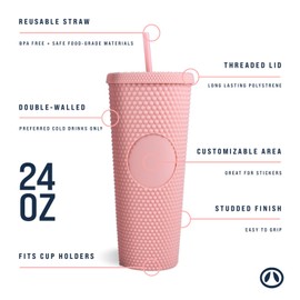 Hogg 24oz Studded Tumbler - Pink, Iced Coffee Cups with Lids Reusable, 24 oz Tumbler with Lid and Straw, Venti Reusable Iced Coffee Cup, Bling Cup, DIY Circle for Vinyl or Stickers, Light Pink Tumbler
