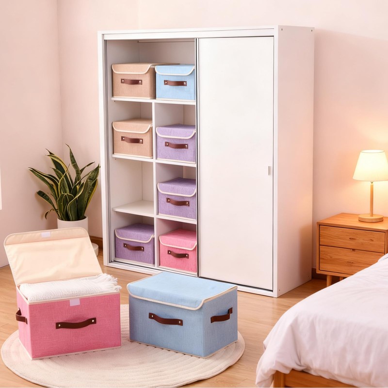 2PCS Storage Boxes with Lids Cotton Linen Fabric Bins Baskets