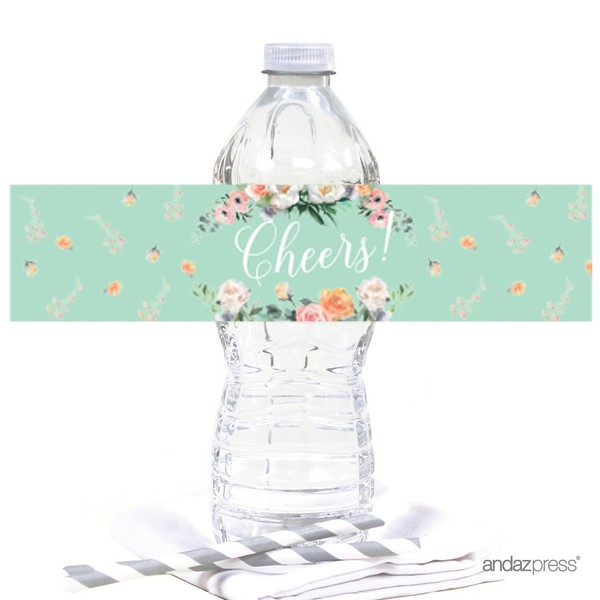 Andaz Press Peach Mint Green Floral Garden Party Wedding Collection, Water Bottle Labels, 20-Pack