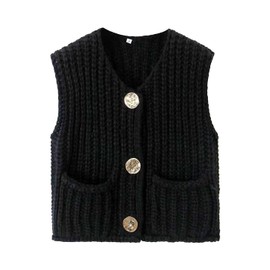 Sukany Women's Button Up Sweater Vest Sleeveless Crochet Chunky Knit Cropped Jumpers Tops Black M