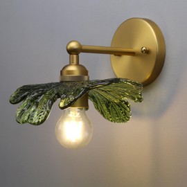Yosoan Brass Gold Retro Glass Wall Sconce with Green Flower Shade, 1-Light Antique Indoor Vanity Vintage Boho Wall Mounted Hardwired Fixture for Kitchen Bedroom Living Room Bathroom