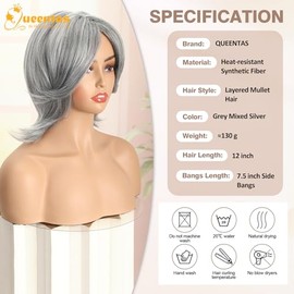 QUEENTAS Peluca Gris De 30 Cm Para Mujer, Color Gris Plateado, De Longitud Media, Con Capas Y Flequillo, Sin Pegamento, De Aspecto Natural, Sintética,