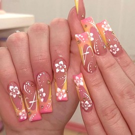 Ombre French Tip Press on Nails Long Square Fake Nails with Rhinestones Flower Lines Polka Dots Designs Pink Yellow Gradient Glue on Nails Nude Full Cover Stick on Nails for Women 24Pcs