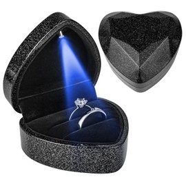 Heart Ring Box with LED Light, Luxury LED Lighted Engagement Ring Box, Velvet Earrings Jewelry Case with Light, Jewelry Display Box for Wedding, Engagement, Proposal and Anniversary-Starry Sky Black