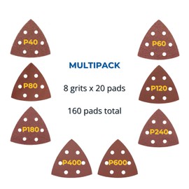 Triangle Sanding Pads, 160 Pcs 93 mm Detail Sander Pads Durable Dust-Free 6 Holes Mouse Sander Sandpaper Hook and Loop Sanding Assorted 40/60/80/120/180/240/400/600 Grits
