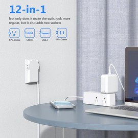 Power Strip Surge Protector with Flat Extension Cord Outlet Cover 6 AC Outlets(3 Wall Outlets Extender) 3 USB Ports (2USB C), 1050 Joules, Multi Plug for Home Office College Dorm Room Essential