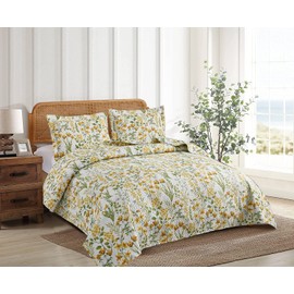 Floral Quilt Sets Full/Queen Size Reversible Countryside Bedspread Coverlets Lightweight Yellow Flower Quilt Bedding Green Leaves Bed Covers Soft Home Collections,1 Quilt +2 Pillow Shams