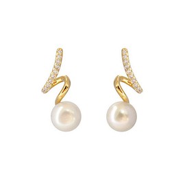 YAXUN 925 Sterling Silver Gold Plated Pearl Earrings For Women wtih Austrian Crystal Diamonds - Wave Spiral Pearl Drop Dangle Earrings Fashion Jewellery Gifts