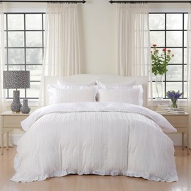 MOVE OVER White Tufted Comforter Set King 3 Pieces Ruffled Comforter Sets Boho Chic Farmhouse Style Striped Textured Design White Ruffle Bedding Set with 2 Ruffled Pillow Shams